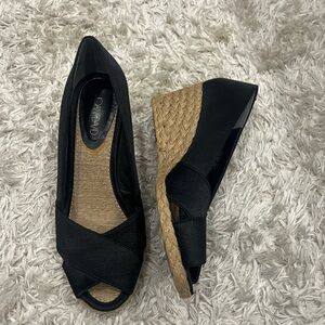 Joan & David Black and Tan Peep-Toe Wedges